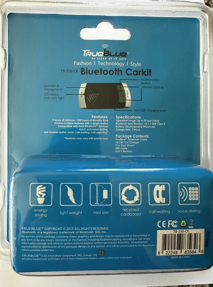 True Blue 蓝牙 Carkit- TB-250-CK 扬声器系统 全新 未开封 9 小时 通话时间 — 第 2/2 张图片