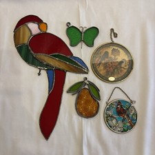 Lot of 5 Vtg Stained Glass Sun Catchers Parrot Butterfly Pear Cardinal Birds