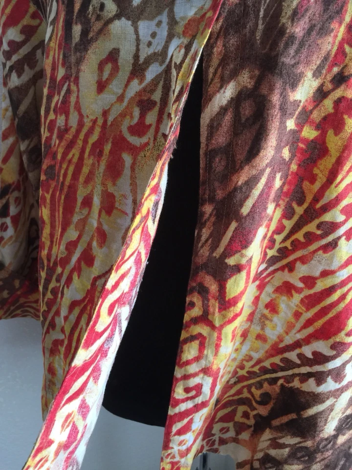 Linen Ikat Top Orange Brown Yellow Unlined JONES NEW YORK Shirt Jacket Size XS - Image 3 of 4