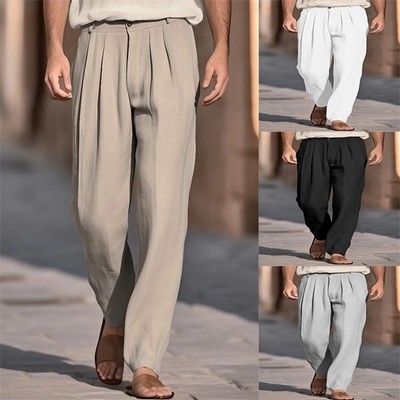 Men's Linen-Blend Front Pocket Pleated Pants Casual Breathable Straight Trousers