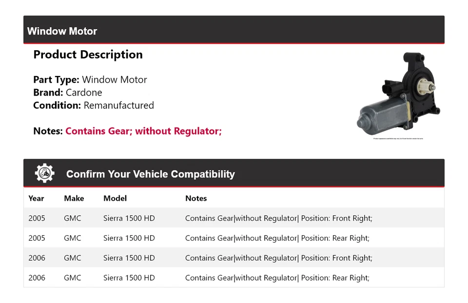 Para GMC Sierra 1500 HD 2005-2006 ventana motor cardone Foto 2 de 4
