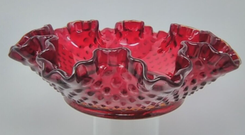 Fenton Ruby Red Glass Hobnail Double Crimped 7.5" Ruffled Bowl Candy Dish - Picture 1 of 3