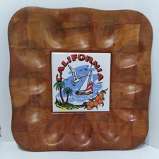 Vintage Woven-Wood "California" 12 Deviled Egg Tray Tile Heat Safe Center Boat
