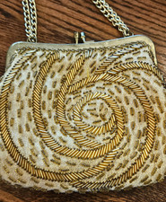 Vintage La Regale Gold Beaded Gold Lame Evening Bag Gold Chain Handle GORGEOUS 