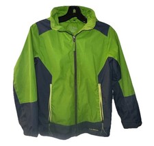 LL Bean Windbreaker Jacket Waterproof Hooded Kids Youth 10/12 Green Blue Flaw