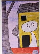 e9Art ACEO man and yellow house outsider art brut naive