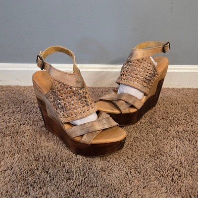 Bed stu petra wooden platform wedge heel caged handwoven leather brown 9