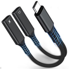 USB C Splitter, Dual C Headphone and Charger Adapter, 1 in 2 Out Black