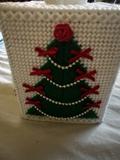 Handmade Needlepoint Plastic Canvas Tissue Box Cover Christmas Trees on White BG