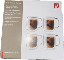 ZWILLING Sorrento plus 12-oz Double Wall Glass Mugs  4-Piece Set NIB