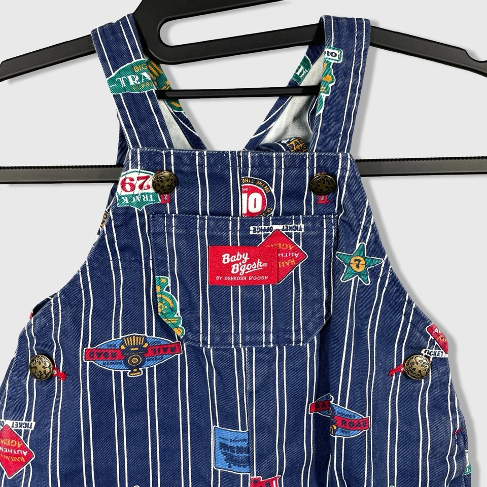 Vintage Baby OshKosh B'gosh Overalls Toddler 18 Months Blue Trains Printed Cute - Image 2 of 4