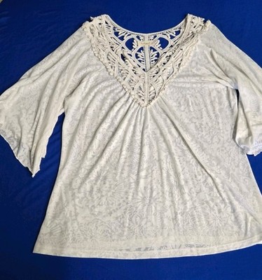 Testament White Lace Floral V-Neck 3/4 Sleeve Tunic Blouse Women's