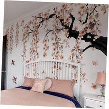 Watercolor Pink Cherry Blossom Wall Stickers, Pink Floral Branch Bird Pink Tree