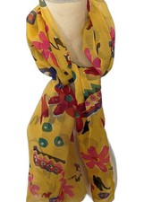 Vintage Retro Yellow Floral Scarf 14x61 Oblong Sheer Chiffon Mod Abstract Prin
