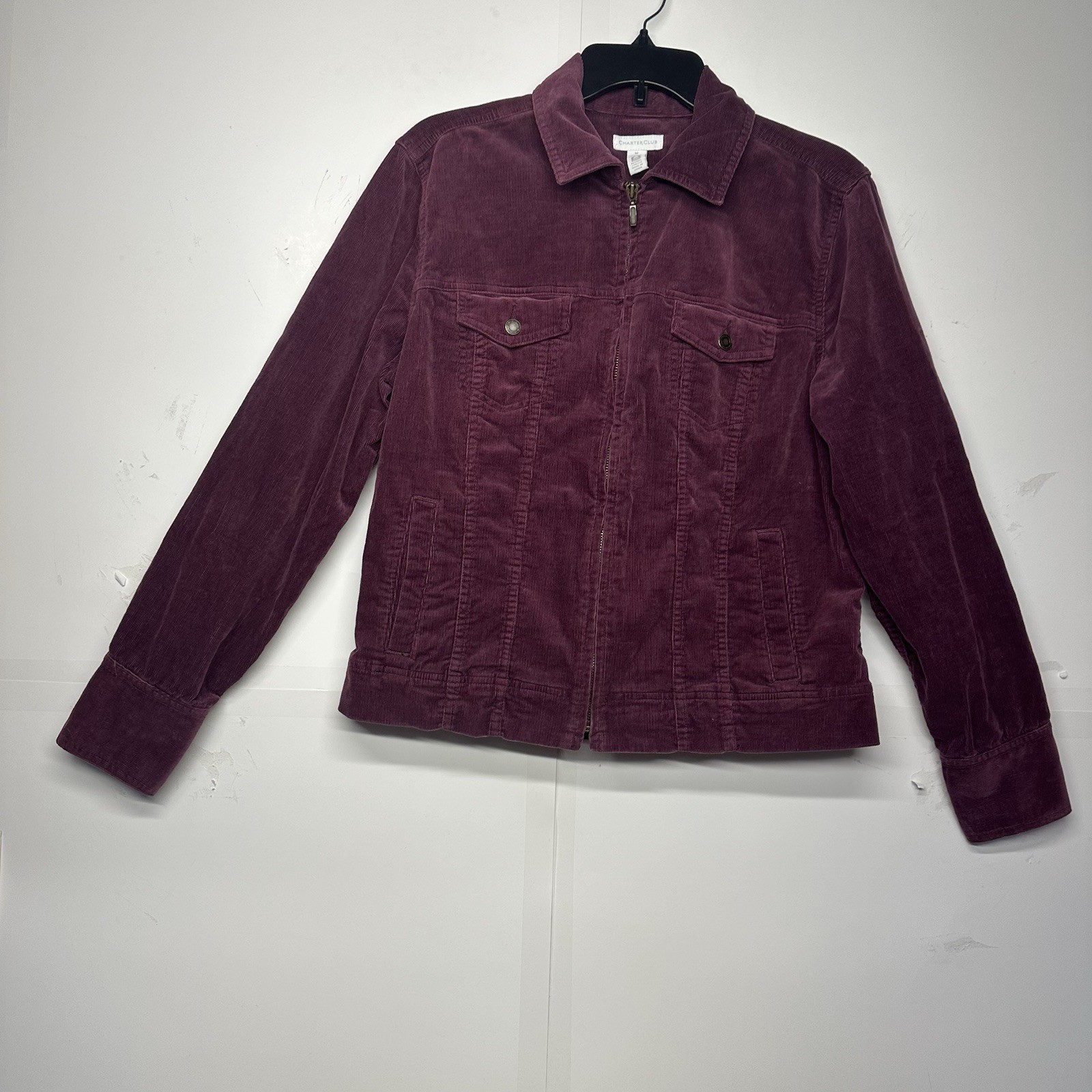 Charter Club Women’s Medium Corduroy Jacket Purple Zip Front Long Sleeve
