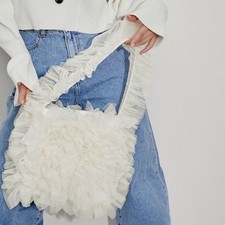 Lady Ruffles Lace Handbag Shoulder Bag Mesh Tulle Splice Retro Bag Tiered Carry