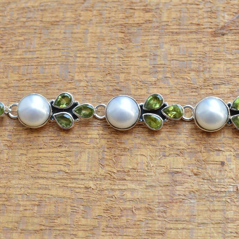Natural Peridot & Freshwater Pearl 925 Silver Adjustable Bracelet – Gift Idea - Image 2 of 4