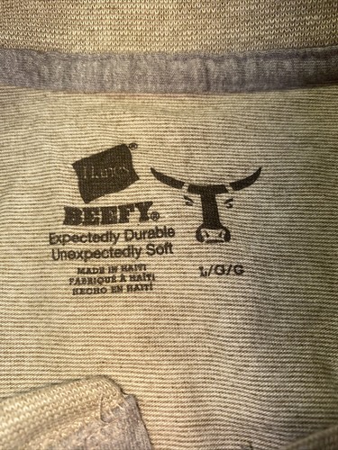 Hanes Men's Beefy T-Shirt Large Grey Long Sleeve Crew Neck 3 Button Up T-Shirt - Picture 3 of 6