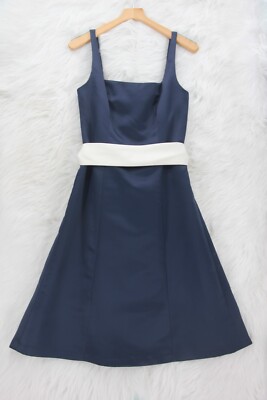 Alfred Sung Dress 10 Midnight Navy w/ Ivory Bow Sleeveless Sash Bridesmaid  #1627