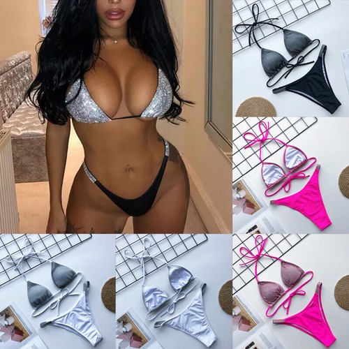 Womens Sexy Crystal Rhinestone Swimsuit Bikini Set Swimwear Bathing Beachwear US - Picture 11 of 15