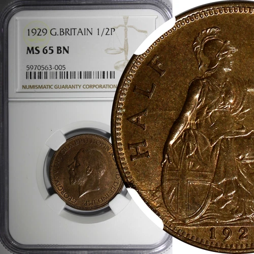 Great Britain George V Bronze 1929 1/2 Penny NGC MS65 BN TOP GRADED KM# 37 (005)