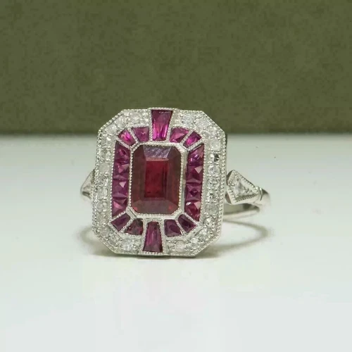 Art Deco Style Lab-Created Diamond Red Ruby Wedding Ring 14k White Gold Finish