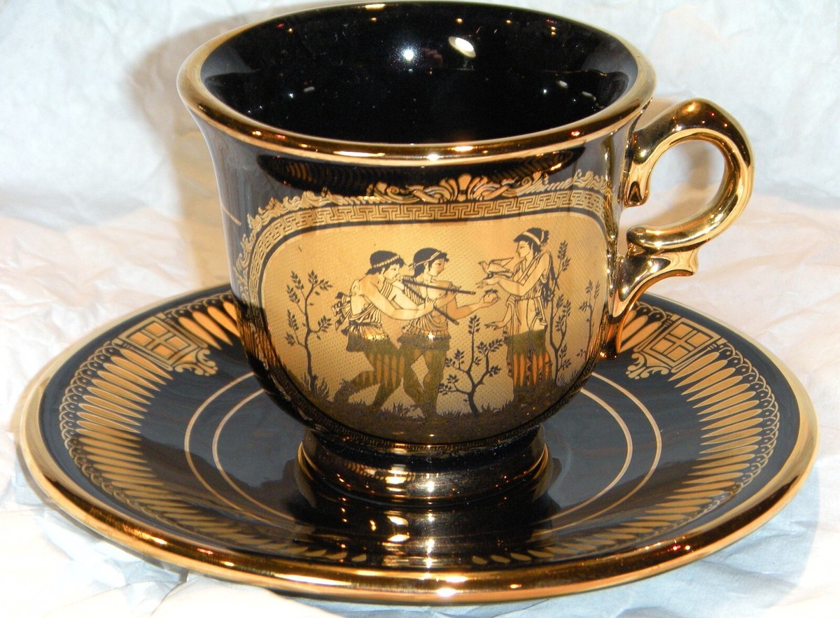 Sigma.M Hand Made in Greece Black & 24K Gold Cups, Saucers & Sugar