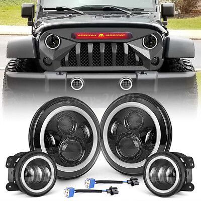 For 2007-2018 Jeep Wrangler JK JKU 7'' Inch Halo LED Headlights Fog Lights Combo