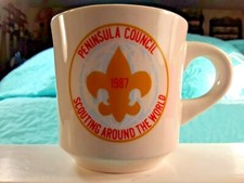 Boy Scout Mug Vintage 1987 "Peninsula Council Scouting Around the World" 3.25"