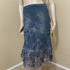 Blue Denim Jeans Beaded Embroidery Lace Ruffles Zipper Size S 4-6 Skirt 3333