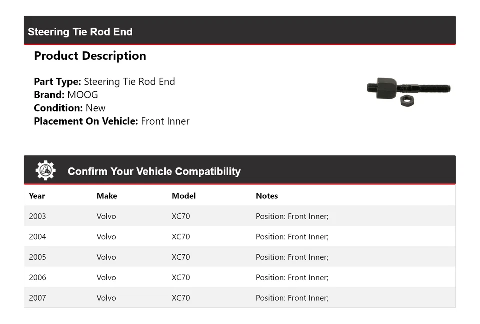 Para Volvo XC70 2003-2007 extremo de barra de dirección interior delantero MOOG 2003 2004 2005 Foto 2 de 4