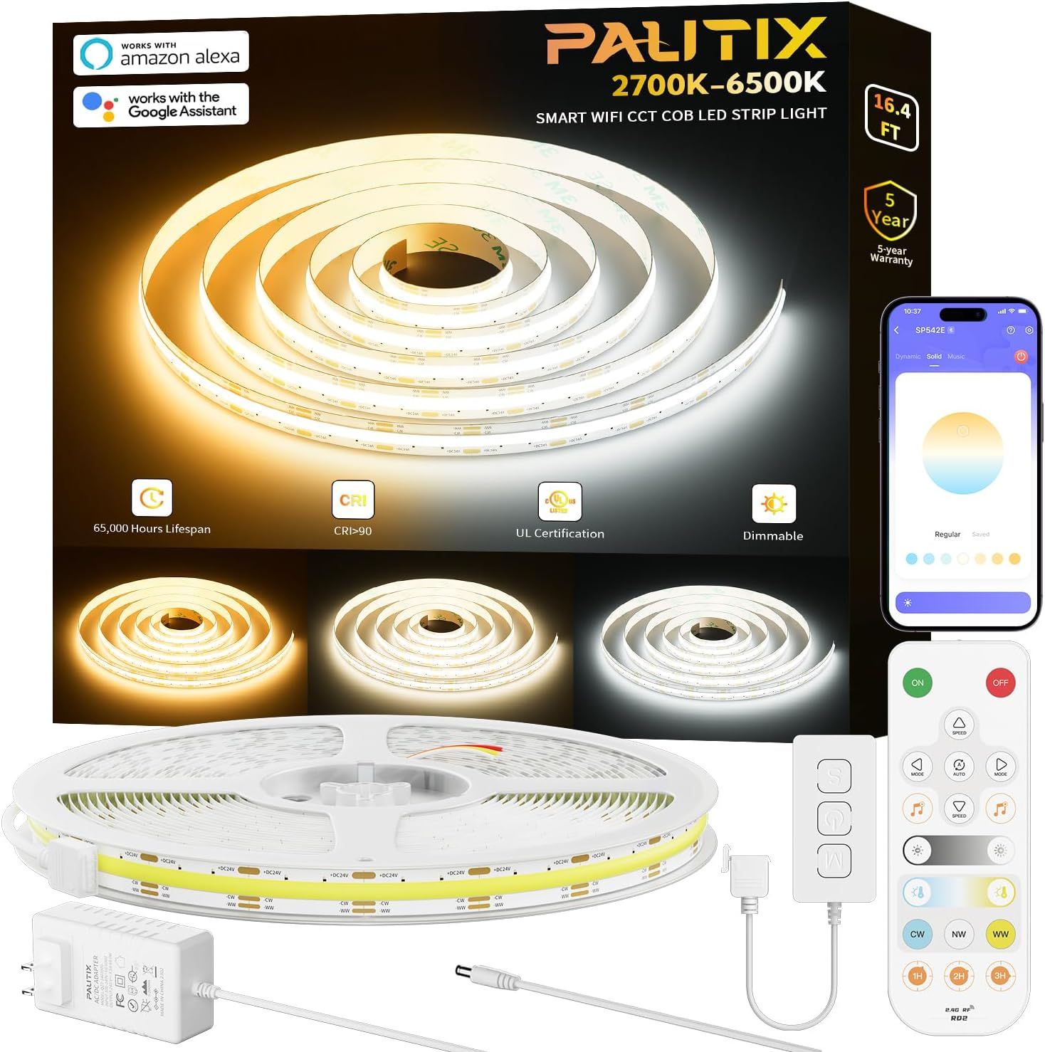 CCT COB LED Strip Light White Tunable 3200Leds,Cri90+ 16.4Ft/5M Dimmable 2700K-6