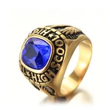 Gold Plated Blue CZ High School Ring Stainless Steel Vintage Eagle Jewelry Rings