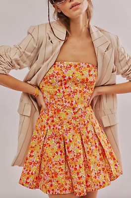 NEW FREE PEOPLE CITRUS COMBO FLORAL MADE ME SMILE STRAPLESS MINI DRESS SZ XL