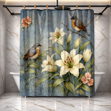 Floral Bird Blue Background Shower Curtain White Lily Nature Bathroom Decor