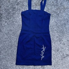 Vintage Y2K Blue Mini Dress UK Made Embroidered Bodycon Size 12