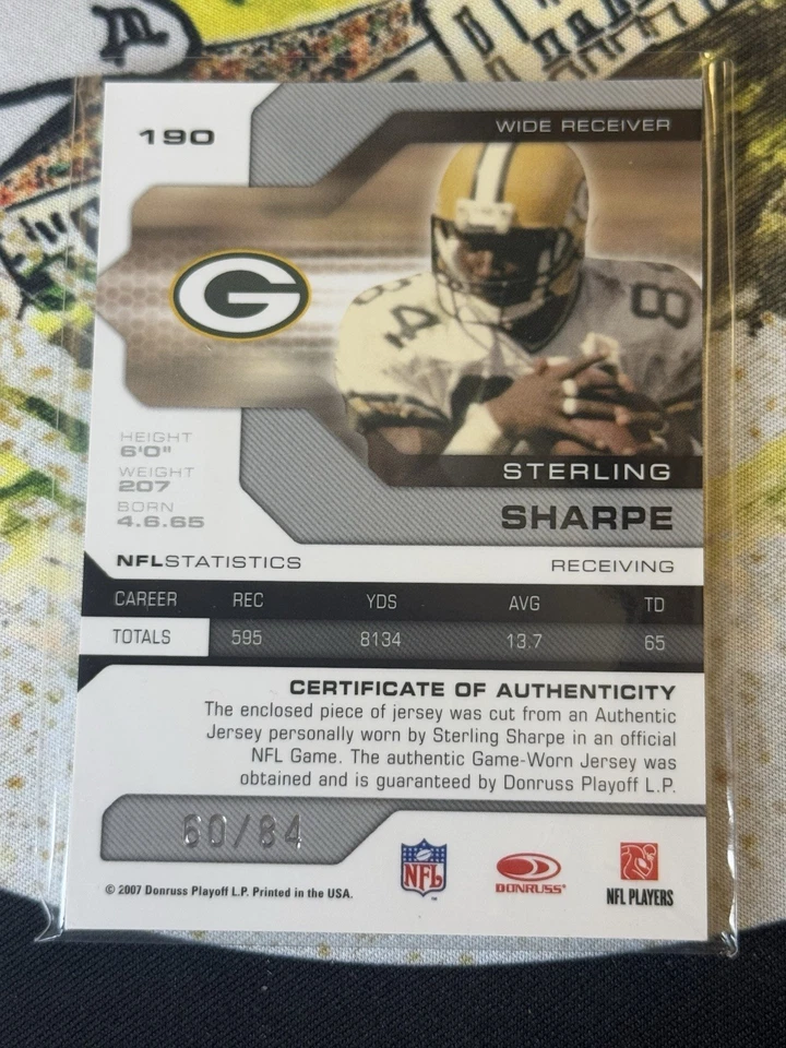 2007 Donruss Playoff Sterling Sharpe Game Used Jersey Patch #/84 GB Packers - Image 2 of 2