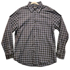 BUGATCHI dress shirt Mens L chest 44 geometric blue black shaped fit flip cuff