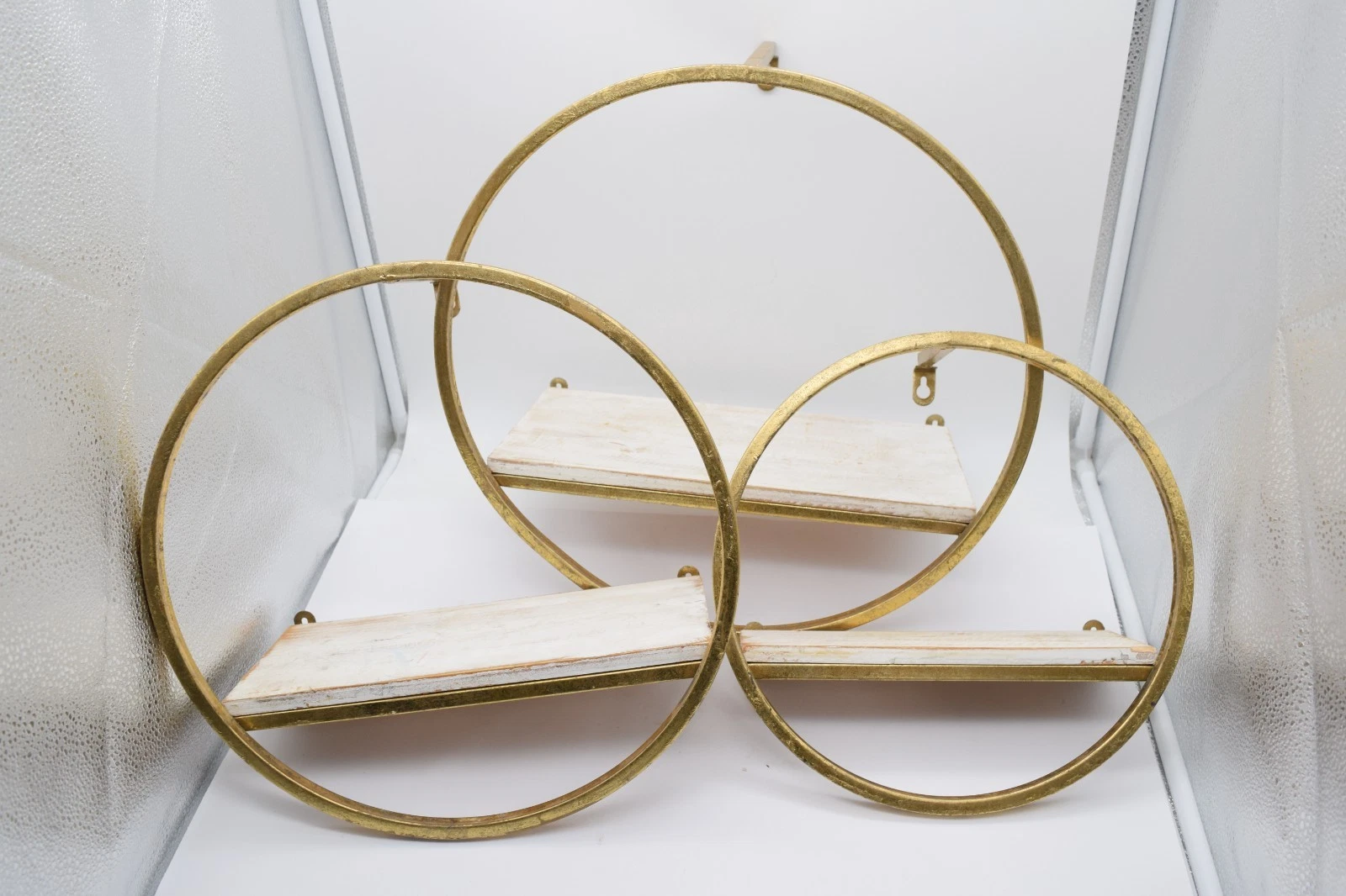 Modern Gold Metal Circle Wall Shelves Set of 3 Wood Display Shelves