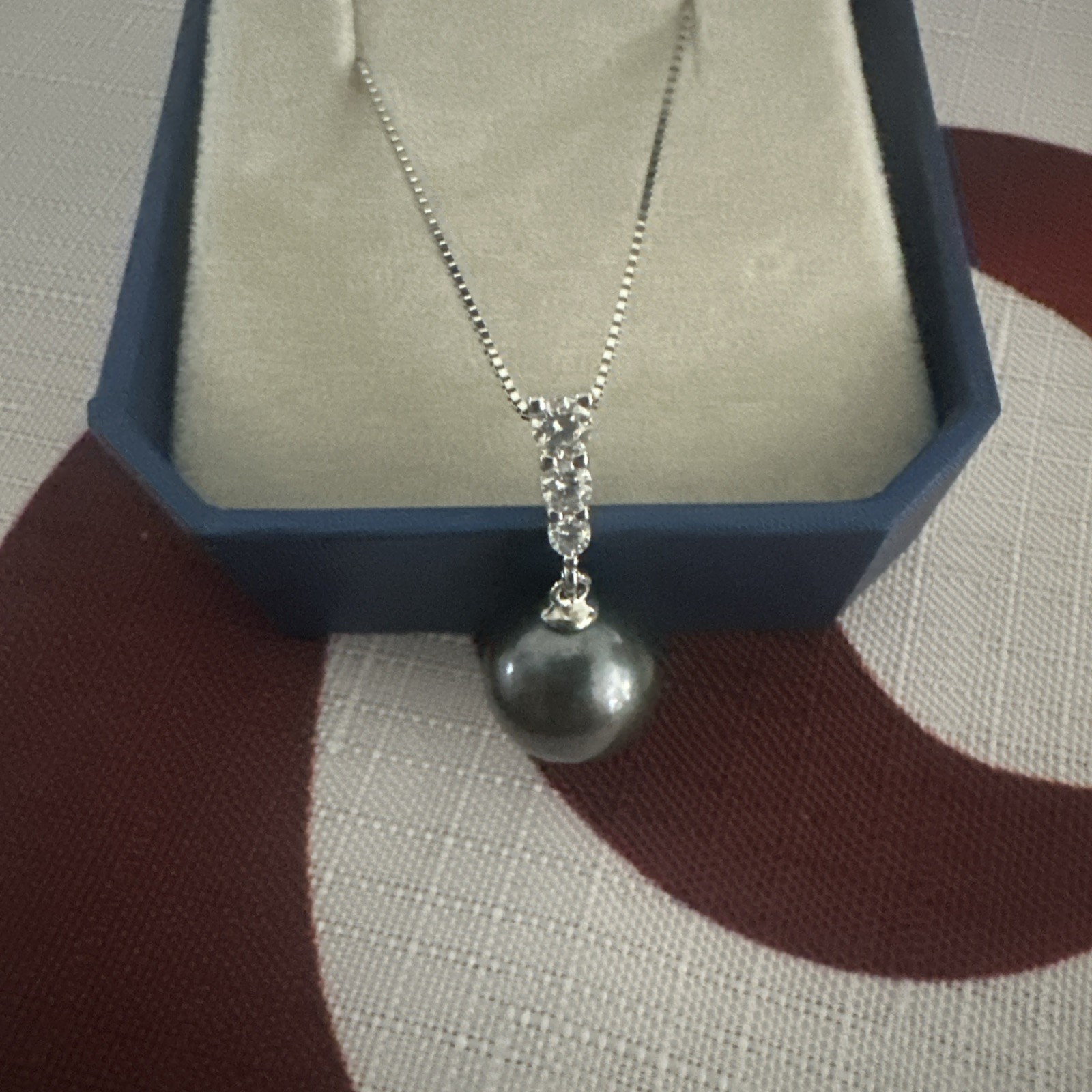 13mm Black Tahitian Pearl Necklace 3 Diamonds 925 Sterling Silver