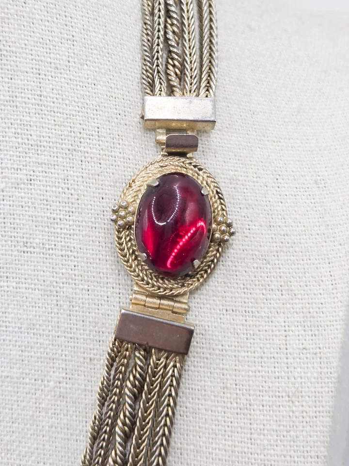 Hattie Carnegie Large Red Cabochon Gold Tone Multi-stranded Necklace Vintage - Image 3 of 4