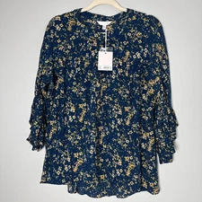 LC Lauren Conrad Women's -XXL Blouse Blue Floral Ruffle 3/4 Sleeve
