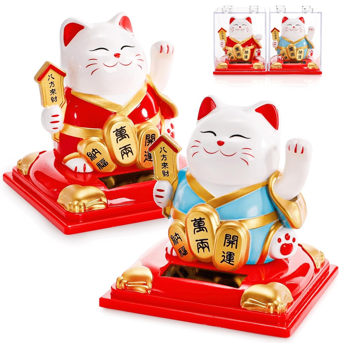 2 Pack Lucky Cat Waving Arm, Small Solar Waving Cat, Vivid and