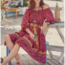 Sundance Womens PM Purple Orange Floral Off Shoulder Boho Tiered Midi Dress F3