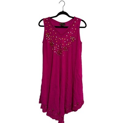 Beach by Exist Dress Boho Handkerchief Hem Magenta Sequin Embroidered Free Size