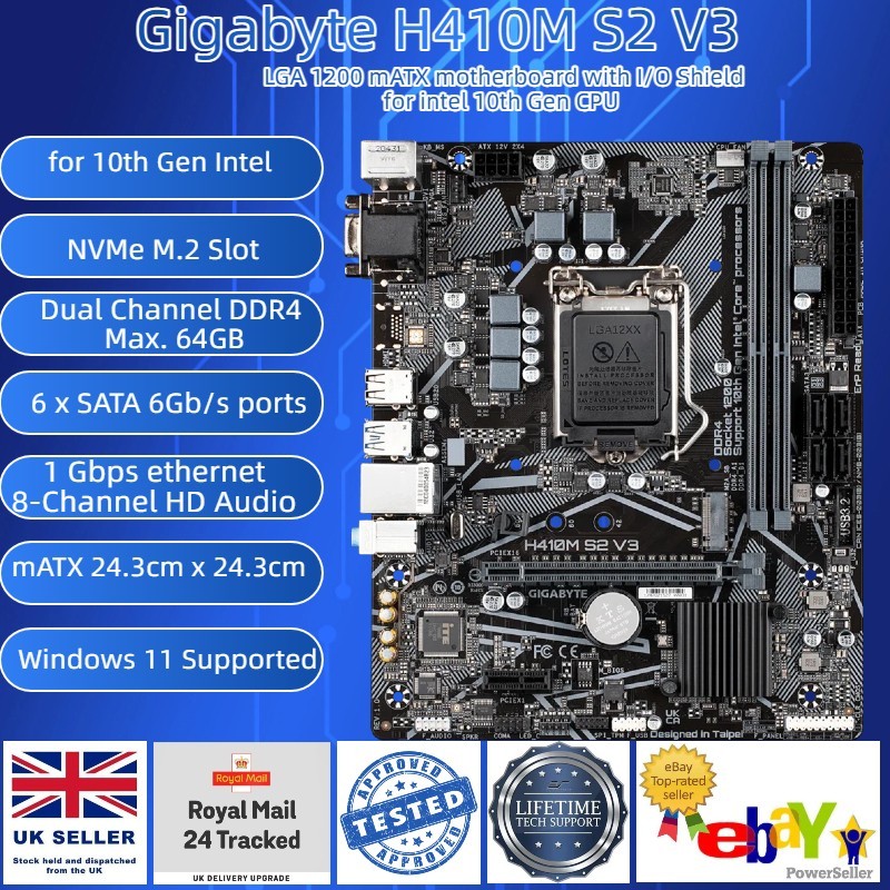 Gigabyte H410M S2 V3 mATX Motherboard LGA1200 FOR 10th Intel i7 i5 i3