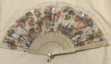 Oriental Style Folding Fan Floral and Lace Gold Colored Accents Plastic Ribs
