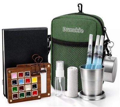Mini Watercolor Paint Set All-in-One 15-Color Walnut Wood Travel Watercolor K...