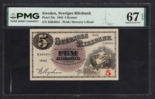 Sweden 5 Kronor 1943 P33z Uncirculated Grade 67 Top Pop