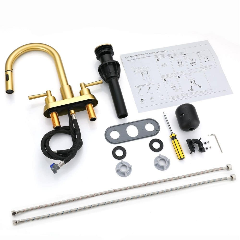 GAGALIFE Brushed Gold 4" Centerset Double Handle Bathroom Faucet Pull-Out